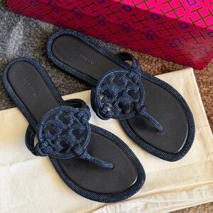 Tory Burch Miller Knotted Pavé Embellished Crystal/Suede Sandals